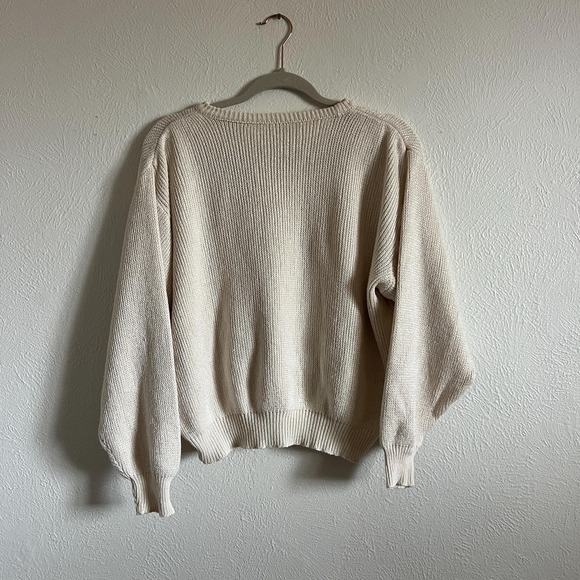 Vintage 80s Cream Bow Applique Sweater Oversized Romantic Pearl Slouchy Top M - Picture 7 of 8